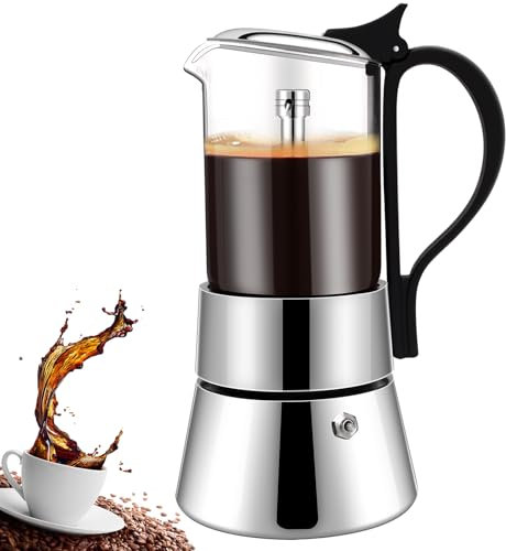DITOSH 4 Tasse Verre Transparent Moka Cuisinière en Acier Inoxydable non Enrobée Espresso Cafetières Italiennes Mocha Greca Machine Café Cuisinières à Induction Classiques Home Camping 220ml
