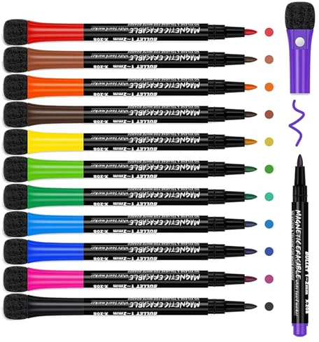 Yolistar 12 Pennarelli per Lavagna Bianca Cancellabile a Magnetica,Whiteboard Markers,Dry Erase Marker Punta Fine,con Cancellino in Spugna per Bambini,Insegnanti,per Lavoro in Aula su Lavagna Bianca