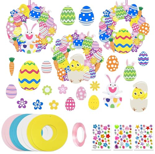 8 Couronnes Décoratives de Pâques à Personnaliser avec Motifs Lapin et Poussin, Kit d'Ornements Festifs pour Décoration Intérieure et Extérieure de la Maison