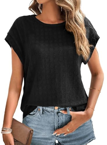 Cuptacc Tshirt Damen Sommer Top Mit Flügelärmeln Plaid Oberteile Lang Blouse Elegant Schwarz, XL 46-48