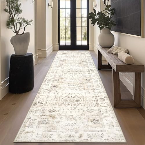 Homcomodar Alfombra Antideslizante para Pasillo 80x300cm,Vintage Alfombra para Corredor Lavable, Beige Alfombras para Entrada Cocina Dormitorio Lavandería