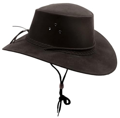 Outbacker Outdoor Sommerhut aus veganem Leder super leicht und luftig inkl. Kinnband wasserfest mit UV Schutz für Herren Damen Kinder | schwarz Farbe schwarz, Größe S I 54-55 cm