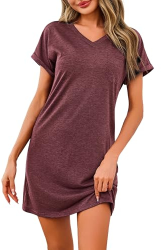 Leversic Camisón Mujer de Manga Corta Enrollada Cuello en V Jersey Vestido Tipo Camiseta Ropa de Estar por Casa Suave(Rojo Vino,XXL)