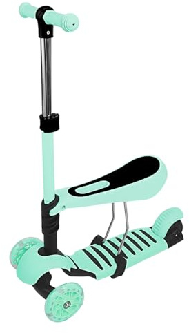 Patinete infantil 5 en 1 con cesta de dibujos animados extraíble, asiento de barra de empuje LED, ruedas grandes, cómodo respaldo, manillar ajustable en altura para niños pequeños y niñas a partir de