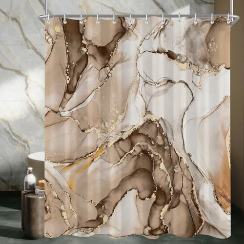Lerores Tenda da Doccia 180x200 cm Marmo Marrone, Fondo Pesante Antimuffa, Impermeabile, Lavabile in Poliestere Tende da Bagno con 12 Occhielli e Anelli per Doccia per Bagno, Vasca da Bagno