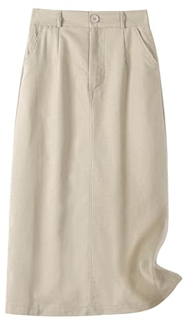 Allegra K Cotton Linen Skirts for Women Casual Spring Summer Elastic High Waisted Skirt Beach Vacation Clothes with Pockets Large Beige