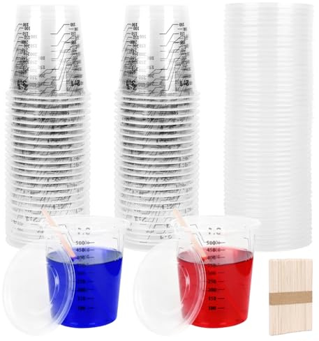 Blandningskoppar, mätkoppar, färg, 600 ml, 50 st blandningskoppar med skala och stavar för flytande färger, pigment (500 ml–50 st)