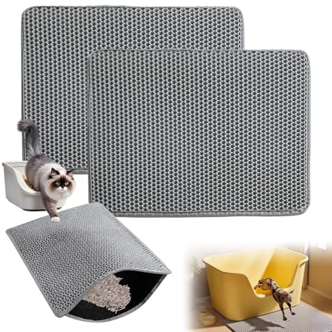 2 PCS Cat Litter Tray Mat, 40 x 60 cm Kitten Litters Box Mat Honeycomb Double Litter Trapping Mat Waterproof Non-slip EVA Cat Litter Tray Liners (Gray)