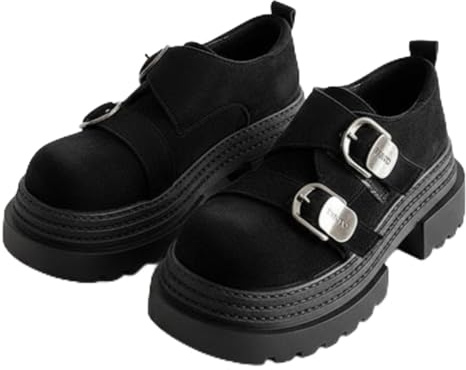 Silanway Women's Black Suede Platform Loafers Double Buckle Strap Round Toe Chunky Low Heel Gothic Shoes Non-Slip Casual Creepers (Black,7)