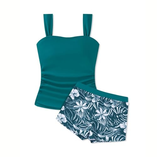 Conjunto de tankini para niñas adolescentes, traje de baño de dos piezas, conjunto de bikini de verano, parte superior de tankini acolchada + pantalones cortos de natación, estampado tropical hawaiano