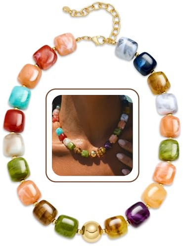 Tastetreasure Colourful Beaded Necklace for Women, Chunky Square Resin Bead Choker, Rainbow Statement Necklace for Summer Beach Holiday Jewellery, 35cm