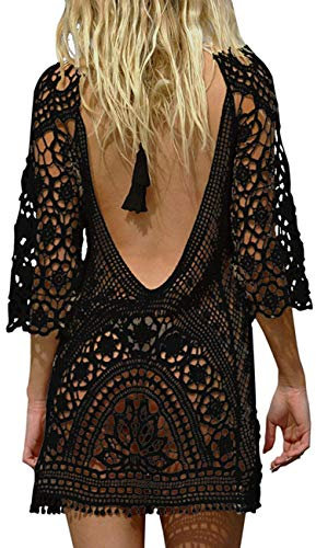 YIJOY Damen Bikini Cover Up Sexy Boho Rückenfrei Spitze Strandkleid Strandponcho Sommerkleider Schwarz
