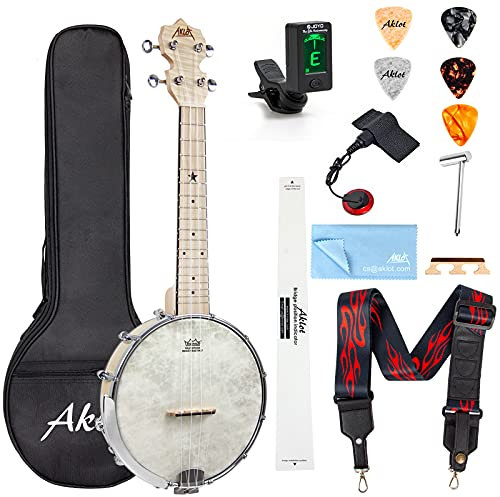Aklot Banjolele,4 Saiten Banjo-Ukelele 23 Zoll Konzert Remo Trommelkopf, offener Rücken, Ahornkorpus 1:15, Advanced Tuner mit Zwei-Wege-Halsstab,Gigbag Tuner Saitengurt Plektren