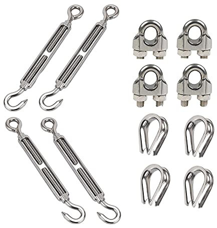 Pamtns Tendeur Inox Serre Cable Inox kit de Tension Corde en Acier Inoxydable à Suspendre Kit Kit de Garde Corps Inox Manchons de Sertissage Tendeur Cable Garde Corps Exterieur 12 pièces