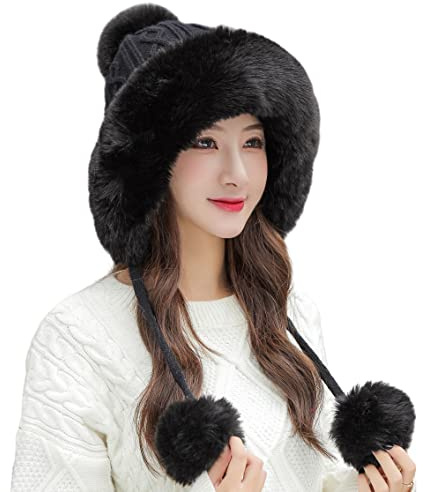 HUAMULAN Women Winter Beanie Hat Earflap Peruvian Warm Slouchy Fleece Lined 3 Pom Poms Knit Cap Cute Sherpa Fluffy Ski Hats
