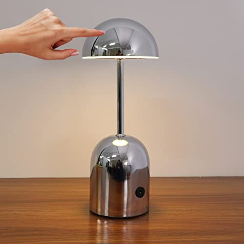 LANMOU LED Akku Tischleuchte Vintage, Kabellose Touch Tischlampe für Bar & Club, Aufladbar Restaurant Tischleuchte Dimmbare, 3 Helligkeitsstufen, LED Esstischlampe, 2000 mA,Chrome/warm light