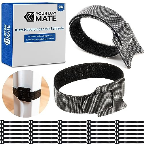 Sangle scratch Réutilisable avec Boucle pour Organiser les Câbles, 25 Pièces, L 25 x l 1,2 cm, Noir, Matériau Nylon, Bande-nylon Solide, Bande de Serrage Refermable, Sangles de câbles
