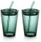 Joeyan 450ml Grün Trinkbecher mit Deckel und Strohhalm Glas-2er Set Glas Smoothie Becher mit Strohhalm-Kaffeebecher mit Trinkhalm für Saft, Kaffee,Wasser,Tee, Luftdicht Wasserdicht Design Reisebecher