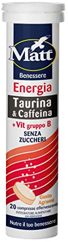 Matt, Energia, Integratore Alimentare a Base di Taurina, Caffeina e Vitamine del Gruppo B, Contribuisce alla Riduzione della Stanchezza, Confezione da 20 Compresse Gusto Agrumi