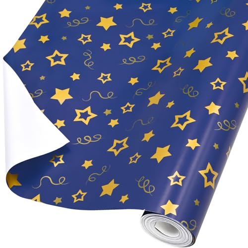ADQUATOR 12m×44cm Gold Star Navy Blue Wrapping Paper Roll,100% Recyclable Wrapping Paper For Birthday Present Party Christmas Decorations(44cm x12m)