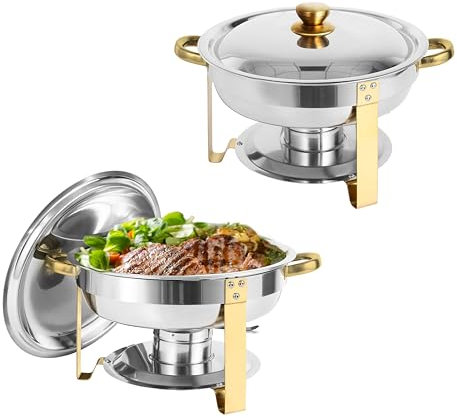 IMACONE Chafing Dish Buffet Set of 2, 5QT Round Stainless Steel Chafer for Catering, Upgraded Chafers and Buffet Warmer Sets with Food & Water Pan, Gold Frame, Fuel Holder for Party Wedding Holiday
