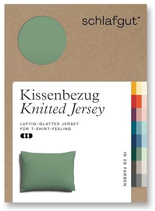 schlafgut Knitted Jersey Kissenbezug 60x80 cm Green Mid Uni weicher Premium Kopfkissenbezug einzeln, faltenfrei mit Elasthan