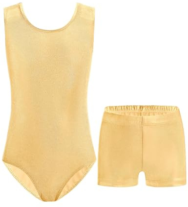 Nymphperi Girls Gymnastics Leotards Size 8-9 Years Old Shiny Solid Gold Comfortable Bodysuits with Sparkly Shorts Suit for Children Dancewear