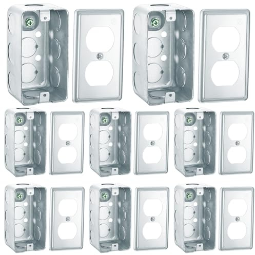 Copkim 8 Set 4 x 2 Inch Electrical Junction Box with Cover Square Plenum Box Galvanized Steel Metal Outlet Boxes, Ten 1/2'' Knockouts, 1-7/8 Deep, 13 Cu. in. Capacity (Duplex Receptacle Cover)