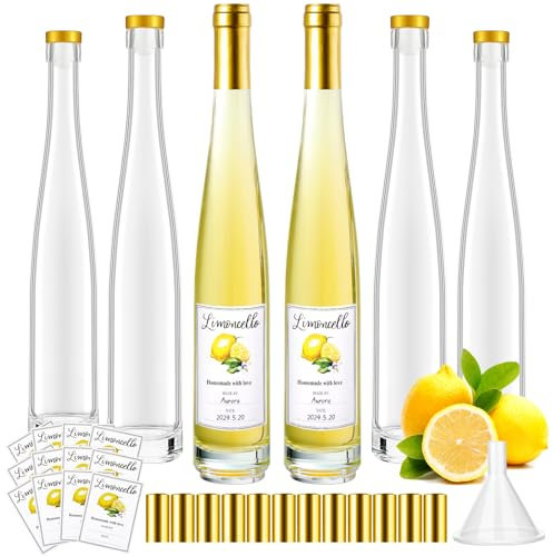 Maxcheck 6 Set 12 oz 375ml Lemoncello Glass Wine Bottles Set with Labels Stickers Airtight Empty Clear Liquor Bottles with Lid for Homemade Extracting Liqueur Suitable for Gift Giving(Lemon)