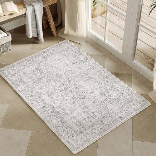 HUGEAR Vintage Tappeto Ingresso Interno Grigio Tappeti 60x90cm Antiscivolo Lavabile in Lavatrice Tapette Cucina Camera da Letto Entrata Scendiletto Ufficio Pelo Corto Piccolo Carpet