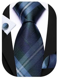 Barry.Wang Tie Set Plaid Necktie Men's Check Handkerchief Cufflinks Sets Formal Business Wedding