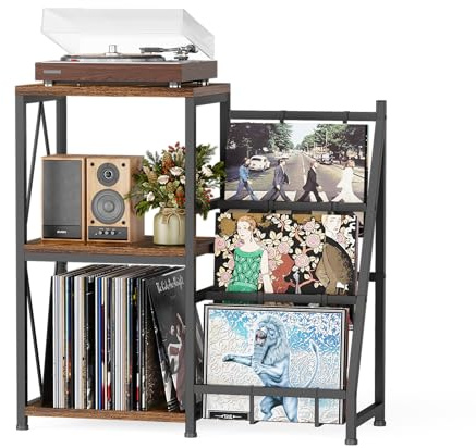 Soporte para Tocadiscos y Almacenamiento de Vinilos - Mesa Auxiliar de 3 Niveles, Soporte Giratorio para Reproductor de Vinilo
