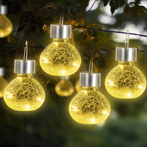 LQWELL Solcellslampor för utomhusbruk, 4-pack solcellslykta med krackelerad glaskula, vattentät, varmvit, häng- eller stativlampa för fester, trädgårdar, staket, träd och fotodekorationer