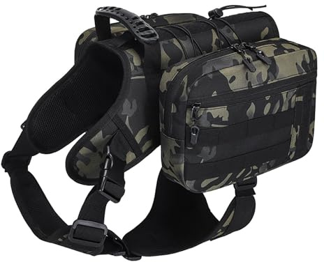 Sac à dos de randonnée pour chien, grande taille, imperméable, design en Y réglable, poches amovibles (camouflage)