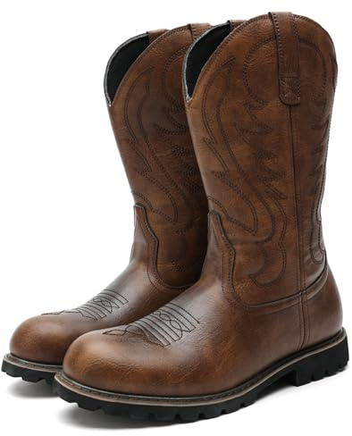 Générique Bottes de cow-boy pour hommes Bottes western brodées à bout rond Bottes de campagne traditionnelles Bottes de travail (Brown,45)
