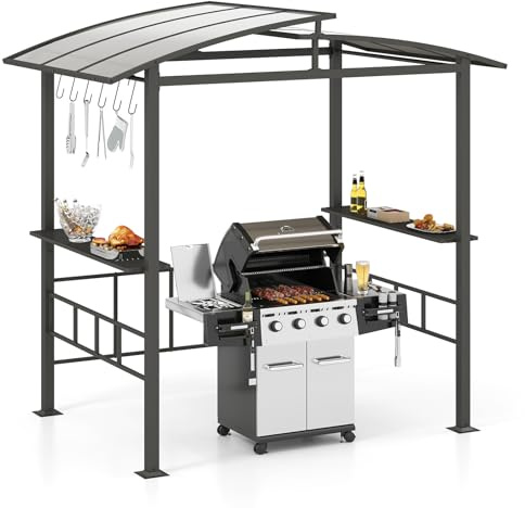 COSTWAY Grillpavillon Outdoor, Grillüberdachung mit Seitenregalen, Überdachung für Grill, Gartenpavillon Metall PC, BBQ Pavillon für Hinterhof, Rasen, Terrasse, Pool, 248 x 150 x 232 cm, Schwarz