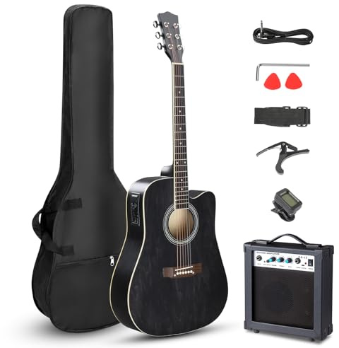 LALAHO 41 Inch Electric Acoustic Guitar with Amp, Full-Size Basswood Body Electro-Acoustic Guitars Kit for Beginners W/Bag, Strap, Tuner and Capo All Accessories Included, Black