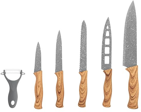 Kimbatex Kitchen Set de 5 Cuchillos + Pelador Cocina Premium con Pelador 6 Diseños | Acero Inoxidable Antiadherente,Ergonómico Profesional y Decorativo (Madera Clara & Hoja Gris Granito)