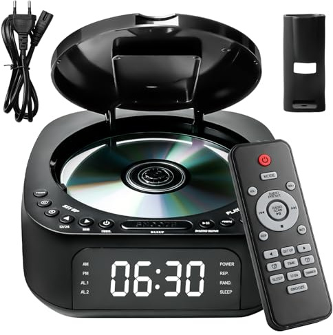 Lettore CD portatile con Bluetooth, radio FM, lettore CD MP3 con doppio altoparlante stereo, sveglia, SleepTimer, lettore CD ricaricabile, supporta USB/AUX, grande display, telecomando, nero