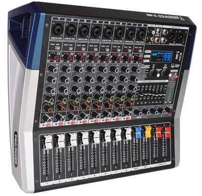 Yamnweo 8-Kanal DJ Mischpult mit Verstärker – 650W+650W Ausgangsleistung, 99 Effekte, USB Aufnahme/Wiedergabe, 7-Band Equalizer, Großes Spektrum-Display Audio-Mixer, für Live-Auftritte/KTV/Vorträge