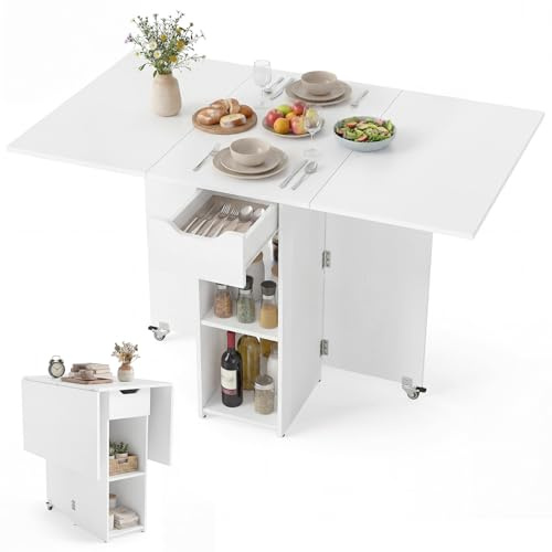 GIANTEX Tavolo da Pranzo Pieghevole, Mobile da Cucina con Ali Pieghevoli, 1 Cassetto e 2 Ripiani Aperti, per 2-4 Persone, Salvaspazio, 120 x 72 x 75 cm, Ideale per Sala e Cucina