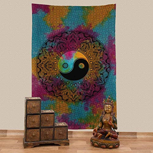 Kunst und Magie Tagesdecke Wandbehang Buntes Tuch Ying & Yang Mandala ca. 200 x 135 cm