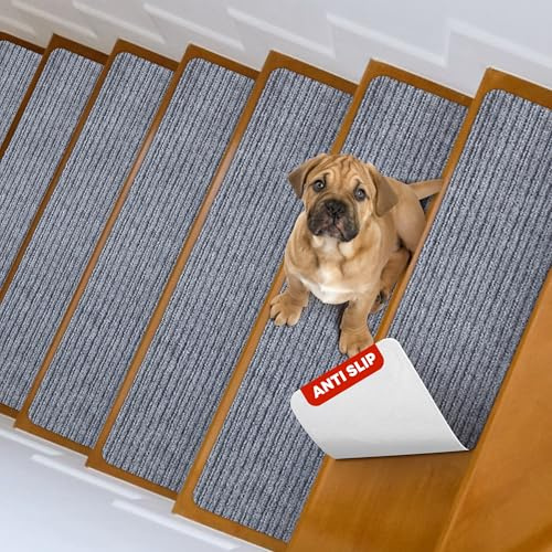 MBIGM 15er Set Stufenmatten 20 cm X 65 cm Treppenteppich Selbstklebend Sicherheit Stufenteppich für Kinder, Älteste und Haustiere, HellGrau