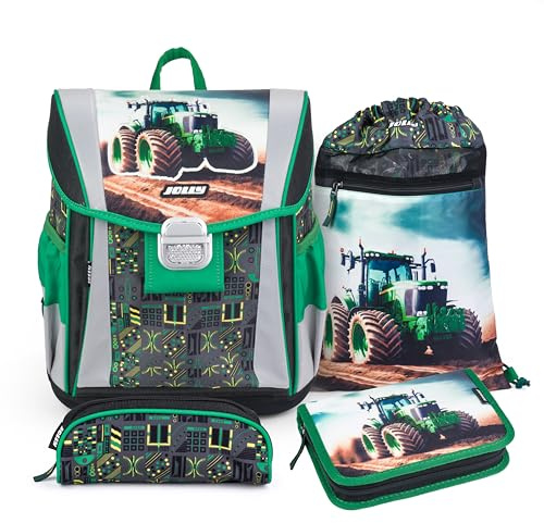 Jolly Tractor Classic Set – Robuste Schultasche 6-10 Jahre mit reflektierendem Verschluss, Back2School All in Box, Turnbeutel, Pennalen & umfassendem Zubehör