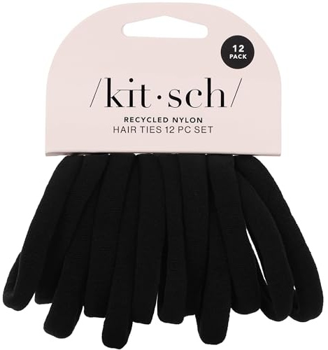 Kitsch Black Hair Ties 12pcs No Damage - Hair Bands for women - Strong Stretchy Hairbands & Hair Bobbles - Soft Nylon Hair Elastics, Snag-Free Rubber Bands for Updos & Braids