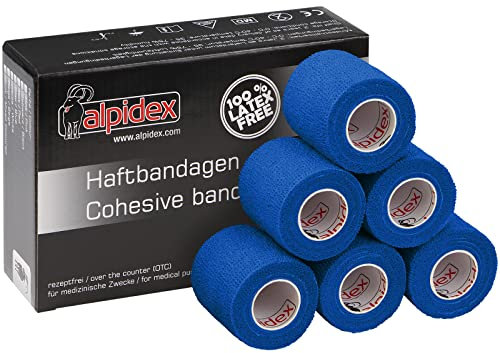 ALPIDEX 6 Rollen Haftbandage 5 cm x 4.5 m Selbstklebender Verband Pet Bandagen Fixierband Sport Vet Wrap Tape Selbsthaftend, Farbe:blau