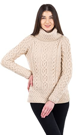 SAOL 100% Laine mérinos Fisherman - Col Entonnoir Irlandais - pour Femme - Gris/Vert