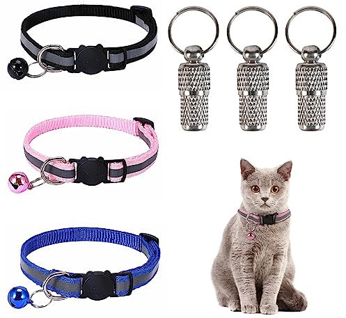 Reflektierendes Katzen Halsband Verstellbares,Adresskapsel,3 Stück Katzen Halsband,Reflektierend Katzenhalsband Mit Sicherheitsverschluss Und Glöckchen,Adressanhänger Für Hunde Katzen,Katzenhalsband