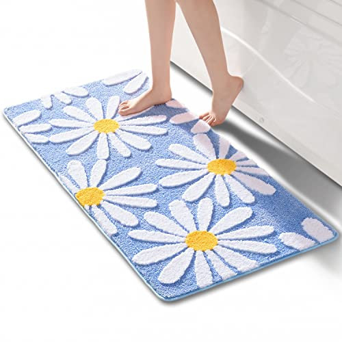 QJHOMO Blau Badezimmerteppich Niedliche Gänseblümchen Badematte rutschfest Waschbar Badteppich Weiße und Gelbe Blume Badvorleger Weiche Duschvorleger Absorbierende Badezimmer Teppich 60x120 cm