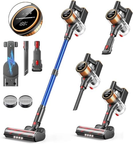 Aspirador sin Cable Potente 550W/45KPa/60Mins, Aspiradora Vertical Inalámbrica con Carga en Base y Pantalla LED, 1.5L Escoba Aspiradora con Cepillo Antienredos, para Suelo/Alfombra/Pelos de Mascota